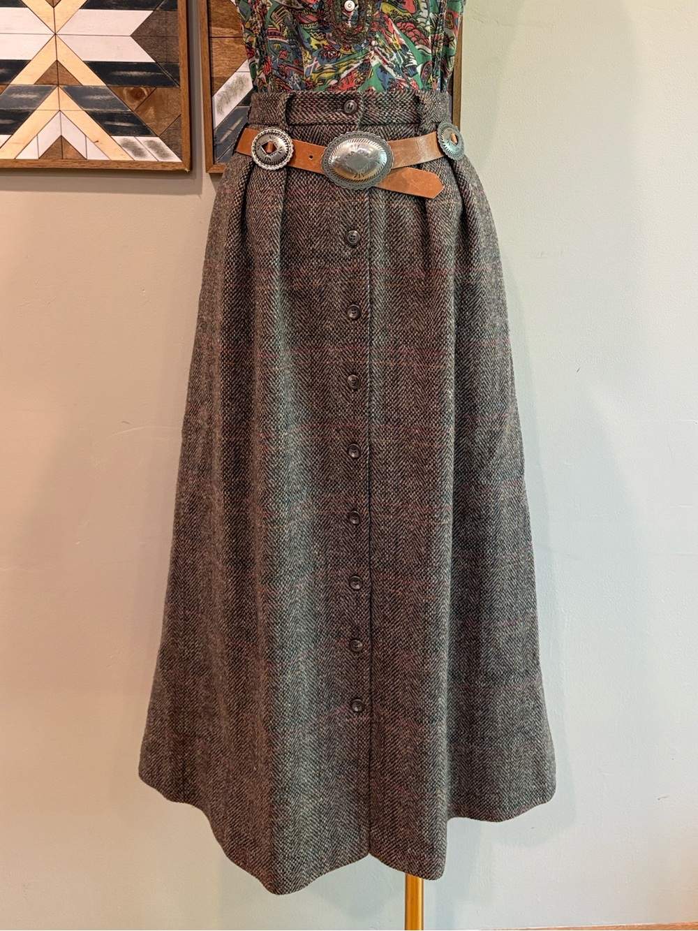 Vintage Ralph Lauren Brown Tweed Button-Front Pleated Flared Wool Skirt sz 4